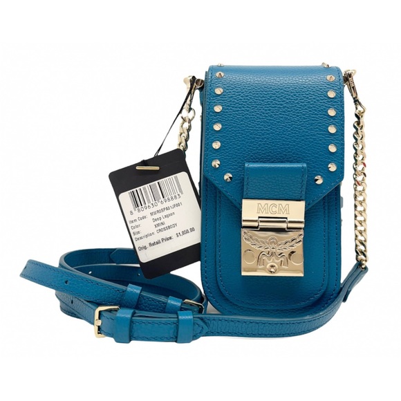 MCM New Mini Studded Deep Lagoon Leather Crossbody Bag - Picture 13 of 13